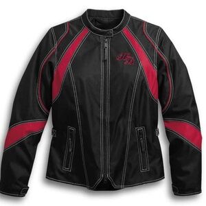 Small Harley-Davidson® Women's Embroidered Skull Riding Jacket, Black/Red reflec